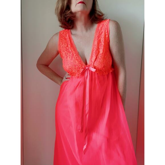 Vintage Lingerie Nightie Neon Coral Orange Lace Size M/Large Fit Bright - Picture 6 of 8